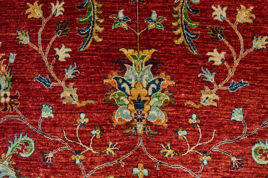 Close-up of a red floral rug