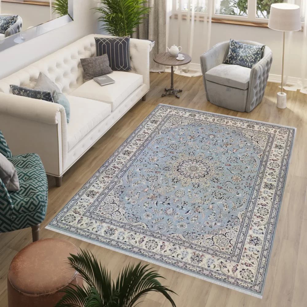 9 x 12 New Nain India Wool Silk Area Rug in Living Room - pineville rug gallery - charlotte nc