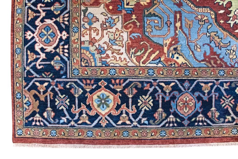9 x 12 Antique Heriz Indian Wool Area Rug Border Details - pineville rug gallery - charlotte nc